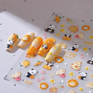 3D embossed panda and bunny nail art stickers with vibrant floral and star patterns