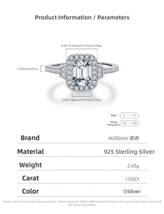 Detail view of 925 silver ring featuring 1ct emerald cut moissanite with measurements