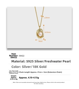 Size guide for S925 sterling silver necklace featuring freshwater pearl pendant details