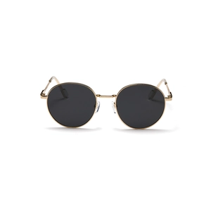 Retro round sunglasses with thin gold metal frames and classic black lenses for men and women