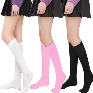 Trio of striped knee-high cotton socks in white, pink, and black for academy style
