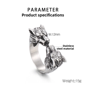 Detail showing 15g weight and 12mm width parameters for stainless steel wolf head ring