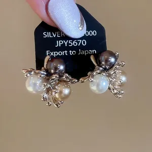 Elegant French Retro Cluster Multi Color Faux Artificial Pearl Stud Earrings Gold Plated Alloy With Silver Earring Post Women