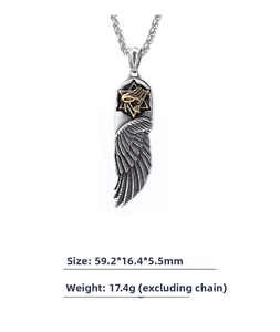 Detailed close-up of feather pendant with golden hexagram and Eye of Horus engraving