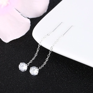 Macro shot of S925 silver threader earrings with round clear zircon stones on black texture