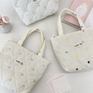 Korean style quilted canvas tote bag with delicate colorful heart and bow embroidery