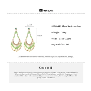 Detailed size parameters for vintage flower drop earrings with green glass beads