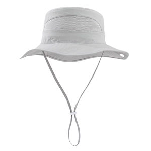 Detail view of breathable mesh panels and adjustable chin strap on grey sun hat