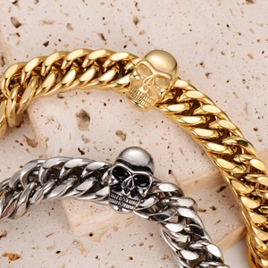 Men Skull Bracelet Stainless Steel Polished Cuban Link Chain Punk Hip Hop Streetwear Biker Jewelry