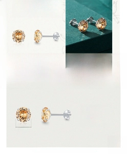 Detail view of 925 sterling silver studs with 7x7mm amber zirconia and size specs