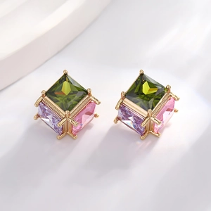 Baroque teardrop earrings with multi-color rhinestones in a gold-plated geometric setting