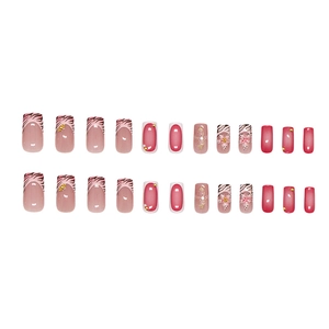 3D Lily flower French press-on nails with glitter diamonds and pink tiger stripes