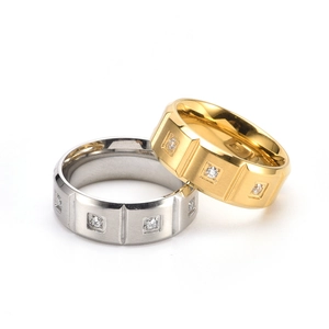 Men's matte brushed titanium steel rings with cubic zirconia inlay and 18K gold plating