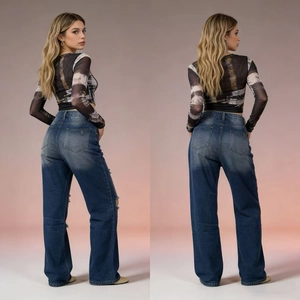 Detail of blue gradient wide-leg denim jeans with frayed hems and side-back model view