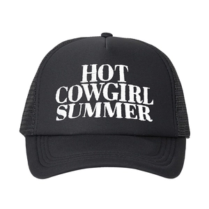Black mesh trucker hat with Hot Cowgirl Summer embroidery and adjustable back strap