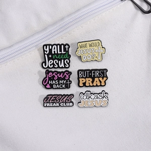 Religious enamel pin set with Christian quotes on white canvas bag accessory