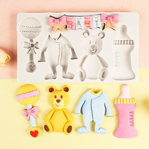 Molde de silicona tema bebé para decoraciones de fondant sonajero, oso y biberón