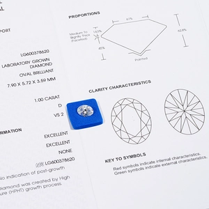 Detailed close-up of a 1.00 carat oval IGI certified lab-grown diamond on report.