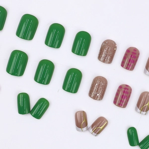French style press-on nails featuring green, brown glitter and leopard patterns