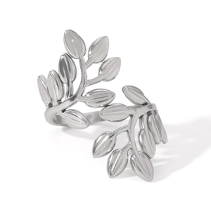 Detailed view of silver leaf shaped stainless steel open ring with polished finish
