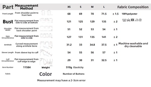 Detailed size chart for casual pocket shirt jacket including measurements and fabric info
