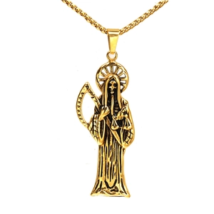Gothic skull reaper pendant necklace in antique gold finish with square box chain link