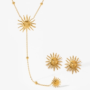Sun Face Necklace And Earrings Stainless Steel Vintage Celestial PVD Gold Plated Hypoallergenic Jewelry For Women