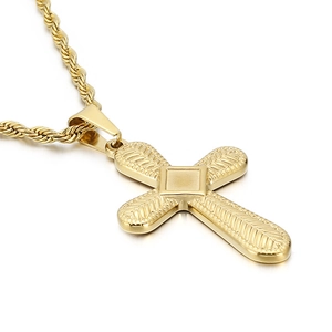Minimalist gold titanium steel cross pendant necklace with textured finish and rope chain