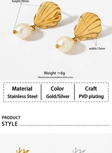 Detailed size specifications for PVD plated stainless steel shell pearl earrings