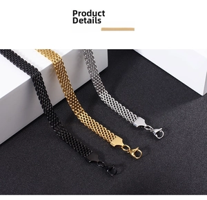 Detail of woven mesh stainless steel chains in black, gold and silver with lobster clasps