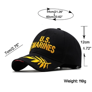 Detail view of U.S. MARINES embroidery on baseball cap with adjustable size 54-60cm