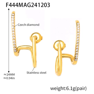 Macro view of gold stainless steel geometric earrings with Czech diamonds and dimensions