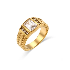 18K gold plated stainless steel ring with square zircon and woven texture detail