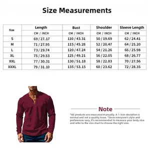 Detailed size chart for men's corduroy long sleeve T-shirt with CM and inch measurements