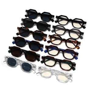 Retro polygon thick frame sunglasses collection in multiple colors on white background