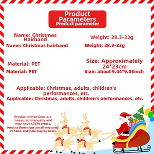 Detailed size and weight chart for the PET Christmas headband with festive illustrations