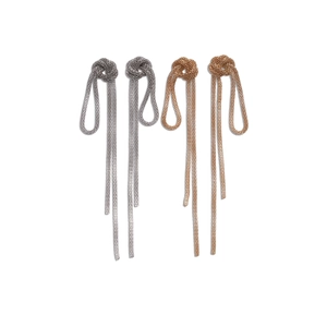 Retro knotted metal mesh fringe earrings in silver and rose gold on white background