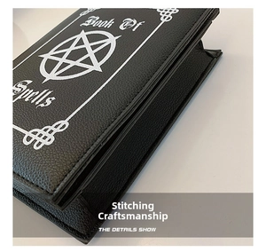 Detail of the stitching craft and side structure on the Book of Spells gothic bag