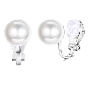 Detail view of silver alloy clip-on earrings with large pearls and comfortable silicone pads