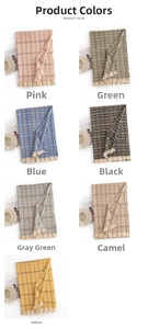 Detail view of colorful grid and polka dot scarves with soft fringes in seven colors