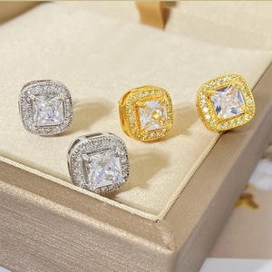 Luxury square cz stud earrings with 18k gold plating and halo design in white and gold