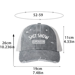 Grey distressed trucker hat with SHIT SHOW SUPERVISOR print and adjustable mesh back