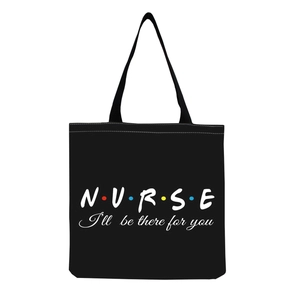 Μαύρη πάνινη τσάντα με τύπωμα NURSE και χρωματιστές τελείες, μεγάλη τσάντα ώμου για νοσοκόμες