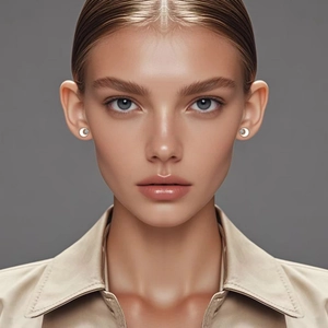 Close-up of model wearing silver crescent moon stud earrings with zircon and mother of pearl