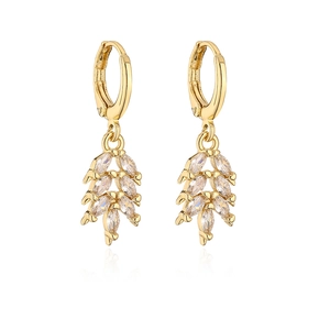 Detail of 18K gold plated leaf earrings with sparkling cubic zirconia insets