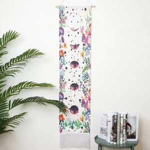 Boho floral moon phase wall tapestry with tassel fringe and hanging wooden rod decoration
