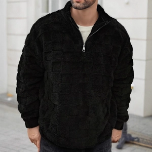Sweat-shirt noir pour homme en polaire gaufrée avec demi-zip pour un look décontracté d'automne