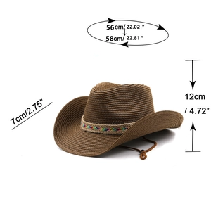 Detailed dimensions of brown straw cowboy hat with ethnic band and adjustable strap
