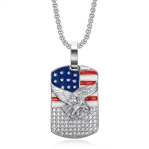 Hip hop square eagle necklace with American flag pendant and rhinestones on a silver chain