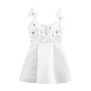 Vestito Mini In Raso Con Fiori 3D E Strass Spalline Sottili Schiena Scoperta Party Clubwear Elegante Per Donna Bianco